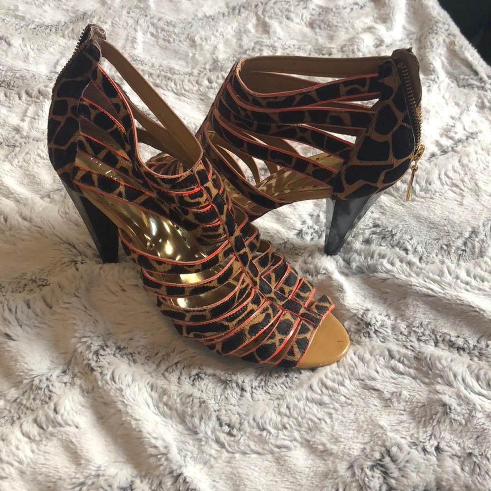 BCBGirls leopard and orange calf hair heels 3.5”